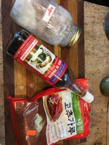white sugar, fish sauce, and gochugaru chili flakes