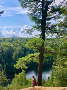 woman standing on a bluff under a white pine