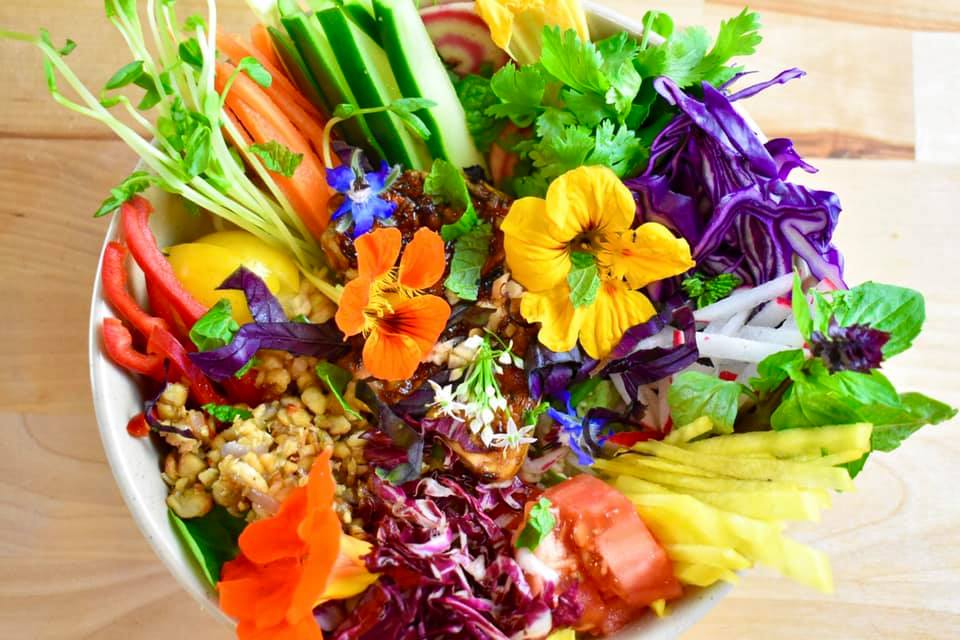 Bowl full of rice vermicelli noodles and colourful vegetables herbs and edible flowers
