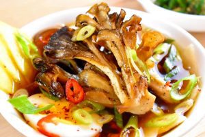 pan seared maitake mushroom in soba broth