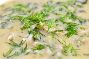 chicken and rice soup sprinkled with dill