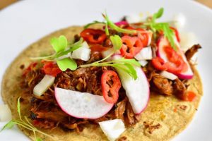 small tortilla topped with goose leg carnitas radish, pepper, onions