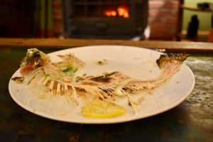 fish skeleton on a plate in front of the wood stove