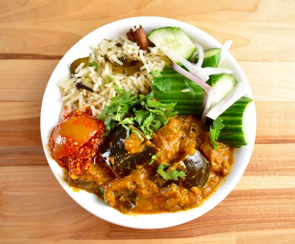 eggplant rogan josh with cucumber salad and jeera rice