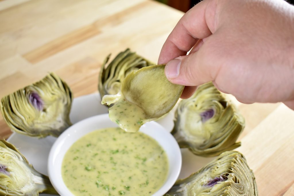 Steamed Artichokes with Garlic-Spruce Aioli