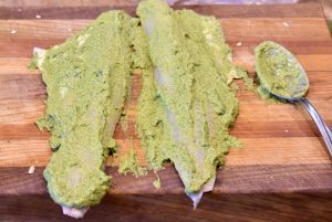 walleye fillets smeared with pesto