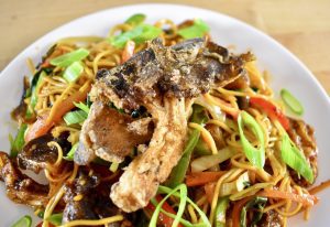 fried maitake on noodles