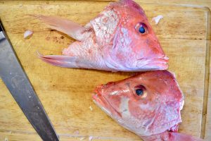 Fish head cut in half