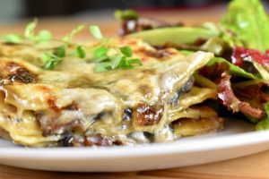 Bacon and Mushroom Lasagna and salad