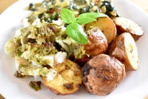 plate with fish, potatoes, and creamed chard