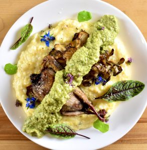 Roasted Doves and Maitake with Poblano Cream Sauce on Grits