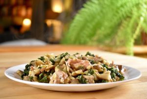 Oyster Mushrooms with Orzo, Kale, and Salmon