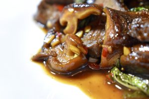 Sticky Chili-Basil Venison Steak and Mushrooms