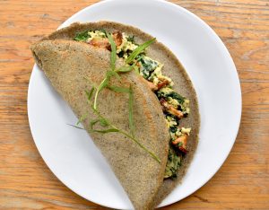 Buckwheat Crepes with Eggs, Lambsquarters, and Chanterelles