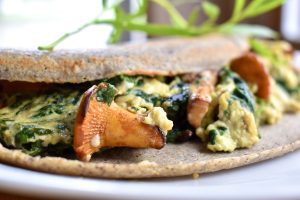 Buckwheat Crepes with Eggs, Lambsquarters, and Chanterelles