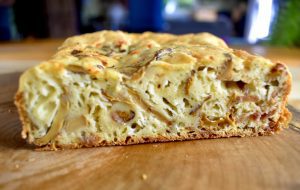 Bacon and Chanterelle Cake Salé cut in half