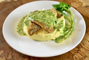 Perch Fillets over Honeyed Parsnip Purée with Watercress Aioli