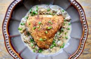 Seared Chicken Thighs with Hedgehog Mushroom Sauce