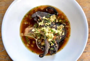 Moose Bone Broth with Roasted Maitake and Breadcrumb Gremolata