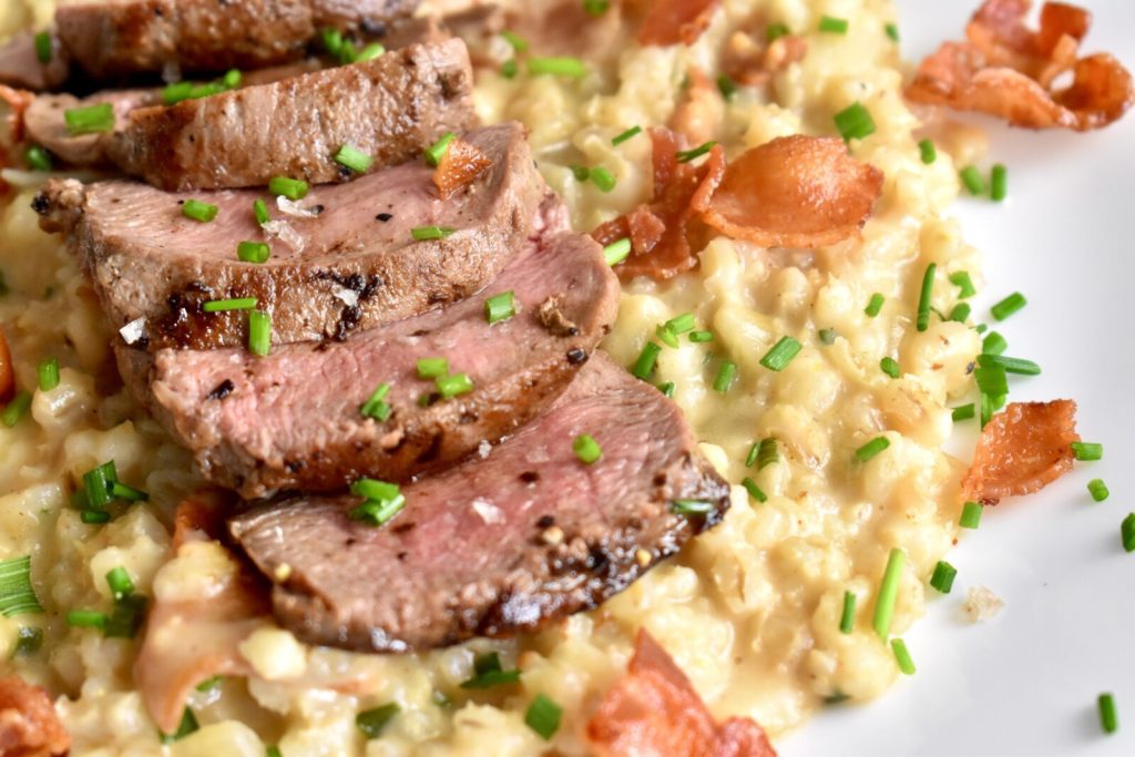 Venison Steak with Creamy Cheesy Bacony Barley