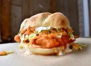 Buffalo Walleye Sandwiches with Blue Cheese Ranch and Crudité Slaw