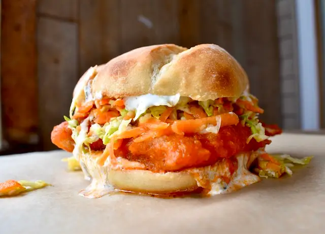 Buffalo Walleye Sandwiches with Blue Cheese Ranch and Crudité Slaw